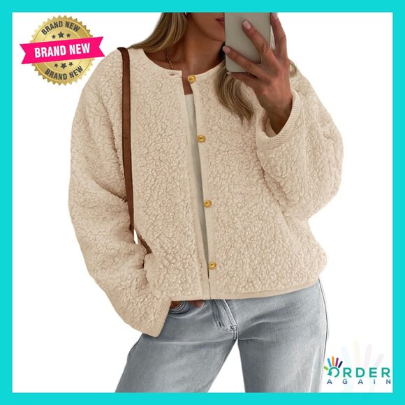 Faux Fur Cropped Jacket Sherpa Fleece Button Down Chic Winter Cozy